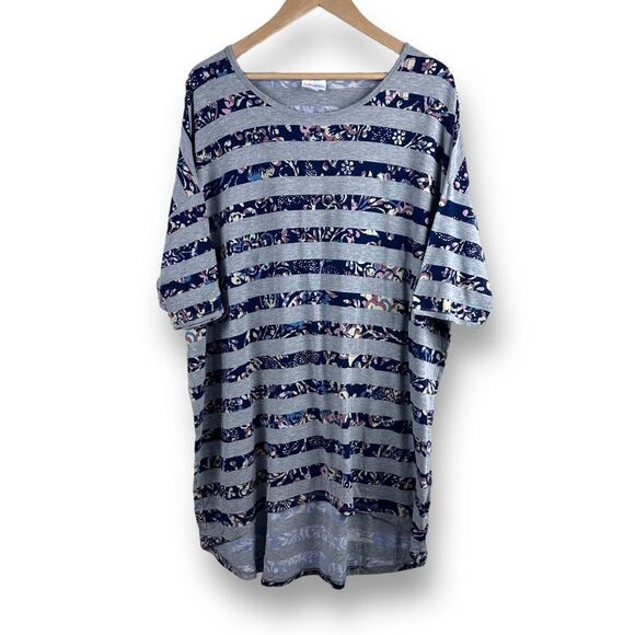 Lularoe Womens Blue Gray Floral Striped Stretch Short Sleeve Blouse Top Tunic XL - Picture 1 of 8